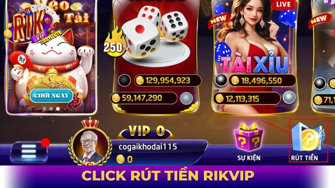 Click "rút tiền" để bắt đầu thực hiện rút tiền rikvip
