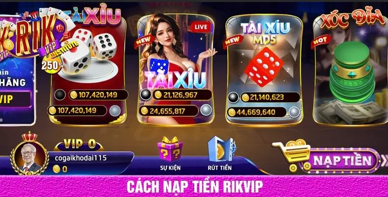 Click "nạp tiền" để thực hiện nạp tiền rikvip